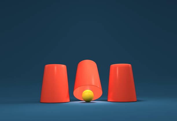 3D render Illustration. A shell game: three thimbles and a ball. stock photo