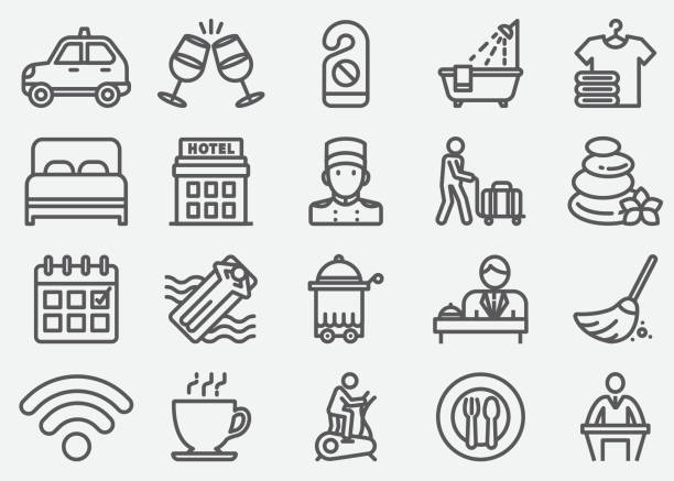 stockillustraties, clipart, cartoons en iconen met hoteldiensten lijn pictogrammen - hotel