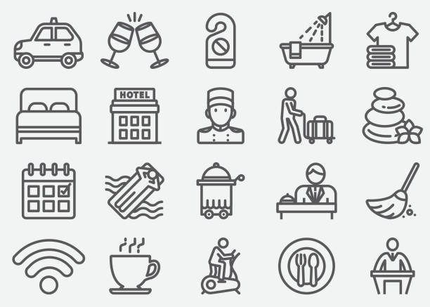 иконки линии обслуживания гостиницы - symbol computer icon bed safety stock illustrations