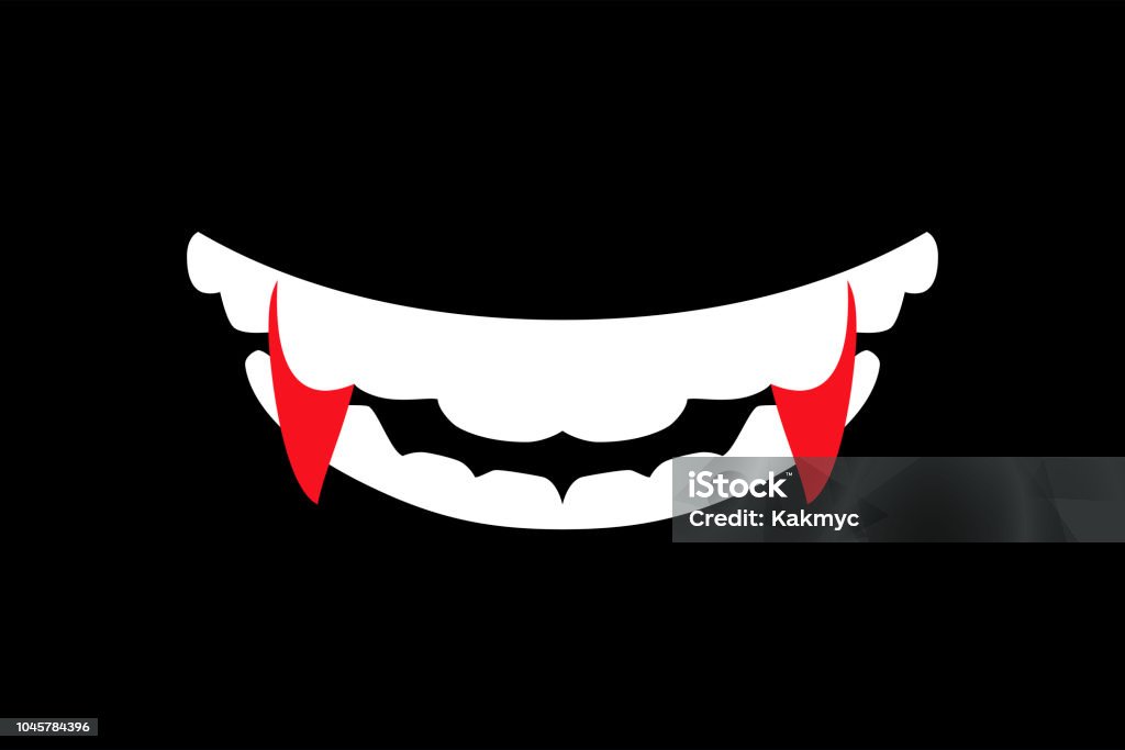 Vampire mouth with fangs illustration of Halloween Vampire mouth with fangs. False vampire fangs. Vector flat art illustration of Halloween. Vampire stock vector