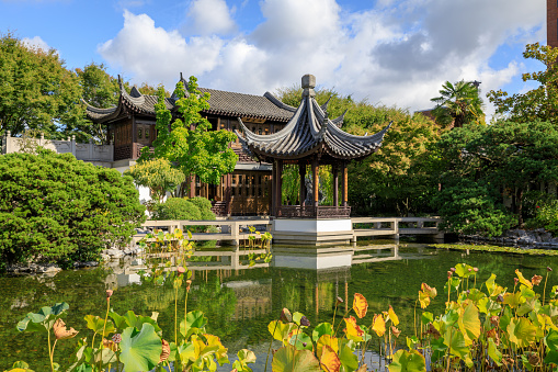 Pagoda reflecting in a pond at the Lan Su Chinese Garden, in Portland, Oregon.