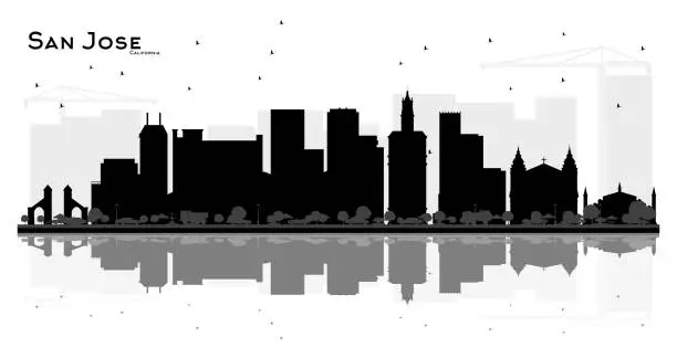 Vector illustration of San Jose California City skyline black and white silhouette with Reflections.