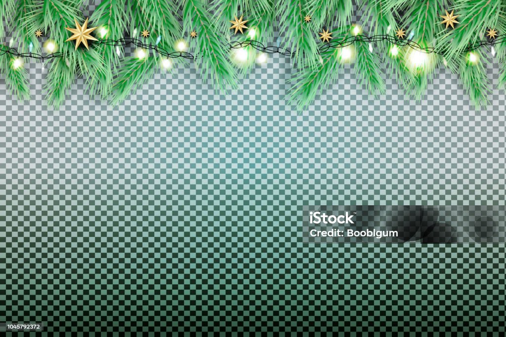 Fir Branch with Neon Lights and Stars on Transparent Background. Fir Branch with Neon Lights and Stars on Transparent Background. Vector illustration. Christmas stock vector