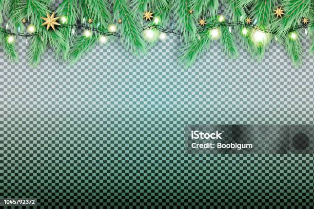 Fir Branch With Neon Lights And Stars On Transparent Background Stock Illustration - Download Image Now