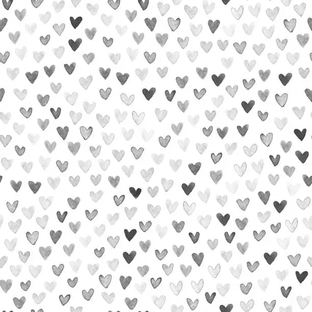 Vector illustration of Watercolor painted uneven imperfect monochromatic hearts isolated on white paper background in vector - seamless pattern design