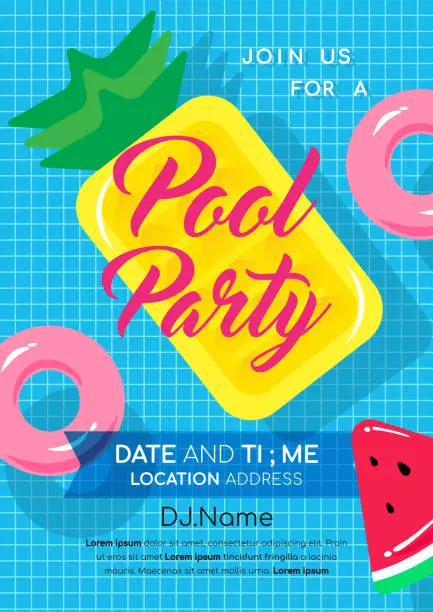 Vector illustration of Pool party invitation vector illustration. Swimming pool with Pineapple pool float and pink inflatable ring floating on water.