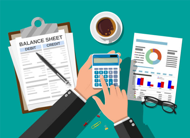 Accountant checks money balance Accountant with report and a calculator checks money balance. Financial reports statement and documents. Accounting, bookkeeping, audit debit and credit calculations. Vector illustration in flat style banking document stock illustrations
