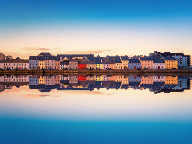 beautiful panoramic sunset view over the claddagh galway in galway city, ireland - republic of ireland fotos imagens e fotografias de stock