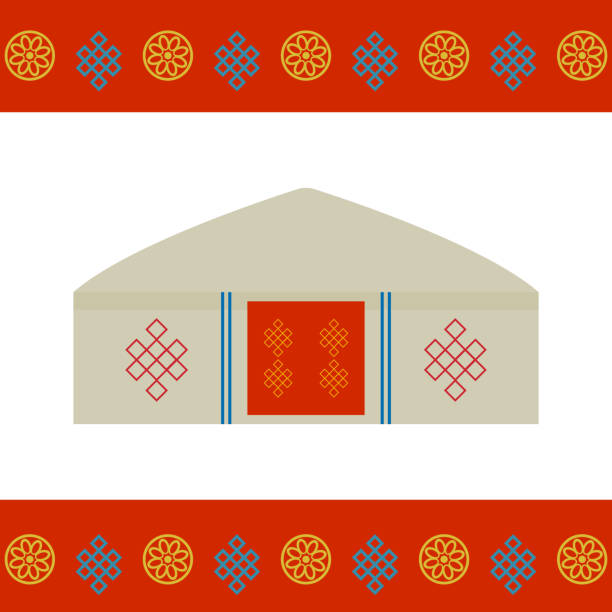 architektur der traditionellen behausungen der mongolei, wie z. b. die jurte und das zelt. bedeckt mit fellen oder filz, nomaden in den steppen zentralasiens. karte banner vorlage, roten mongolischen ornament. vektor - inner mongolia stock-grafiken, -clipart, -cartoons und -symbole