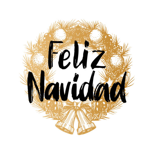 ilustraciones, imágenes clip art, dibujos animados e iconos de stock de feliz navidad, frase manuscrita, traducido del español feliz navidad. ilustración de guirnalda año nuevo vector. - 2844