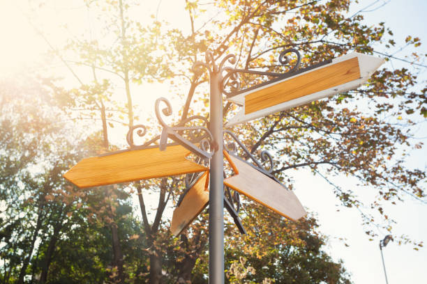 Blank metal and wood signage, empty guidepost