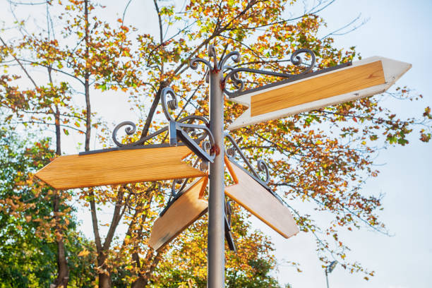 istock Blank metal and wood signage, empty guidepost 1045829972