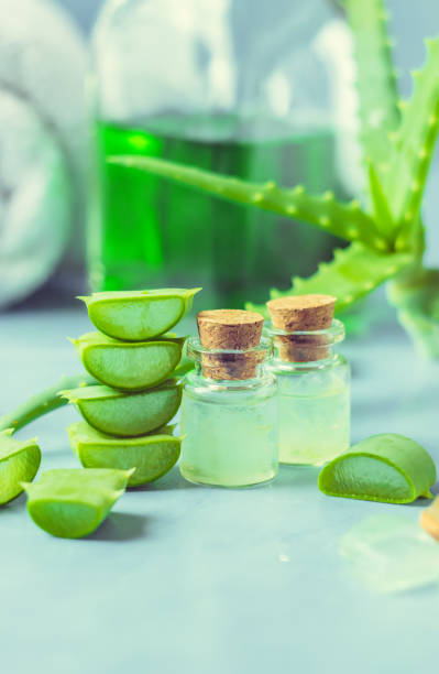 istock Aloe Vera extract in a small bottle and pieces on the table. Selective focus. 1045838418