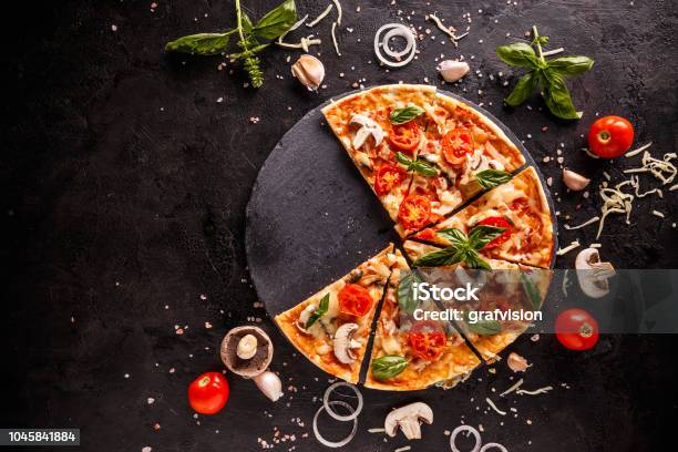 Fresh Italian Pizza Stock Photo - Download Image Now - Pizza, Black Background, Slice of Food