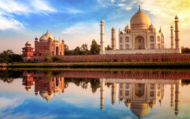 istock Taj Mahal Agra at sunset with mirror reflection. 1045844610