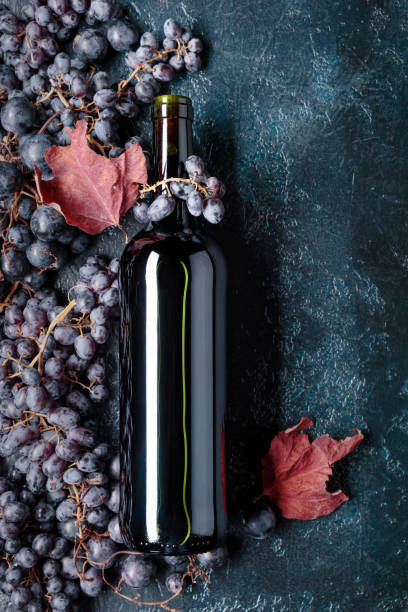 istock Bottle of red wine and grapes. 1045849098