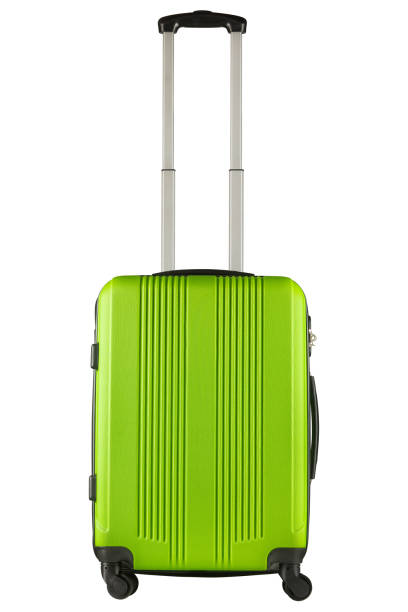 istock Green plastic suitcase isolated on white background 1045849560