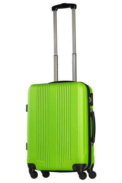 istock Green plastic suitcase isolated on white background 1045849568
