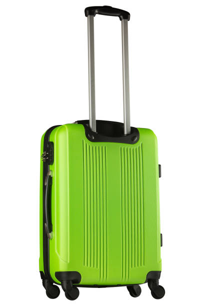 istock Green plastic suitcase isolated on white background 1045849570