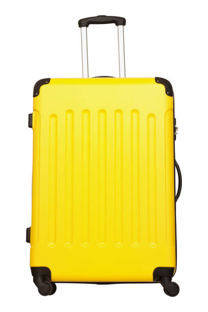 istock Yellow plastic suitcase isolated on white background 1045849578
