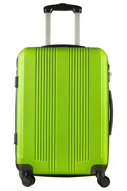 Photo of Green plastic suitcase isolated on white background