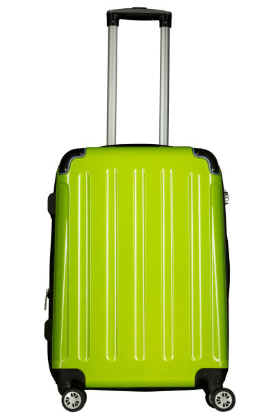 istock Green plastic suitcase isolated on white background 1045849684