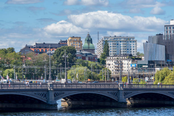 View of Strommen of Saltsjon bay with nautical vessels and old buildings in Stockholm, Sweden Stockholm, Sweden - 8/6/2018: View of Strommen of Saltsjon bay with nautical vessels and old buildings strommen stock pictures, royalty-free photos & images