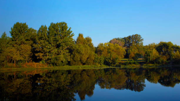istock Fall reflection of trees in lake sunrise great view 1045850142