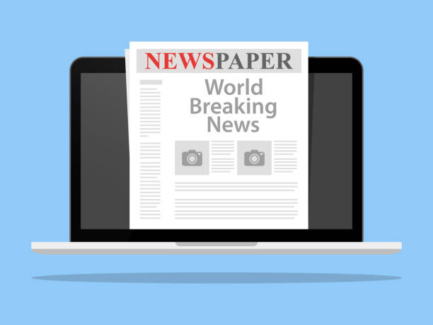 istock Newspaper on Laptop screen vector illustration, flat cartoon display with world news magazine on electronic device isolated 1045853196