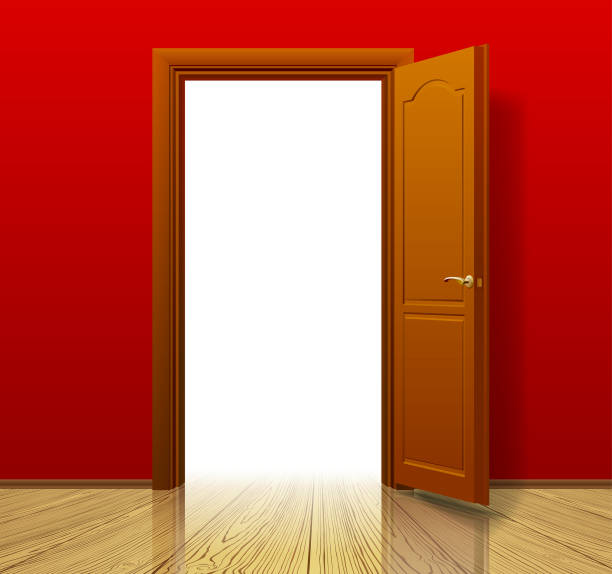 istock Open brown door with red wall and glossy wood floor 1045853524