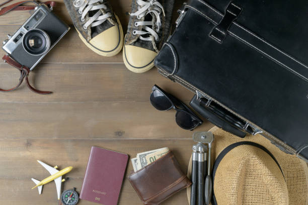 istock Prepare accessories for travel on vintage tone 1045856492