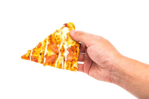 istock Slice of Pizza with hand isolated 1045860880