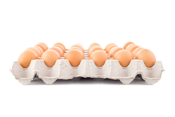 istock Chicken eggs in a box isolated on white background. 1045869016
