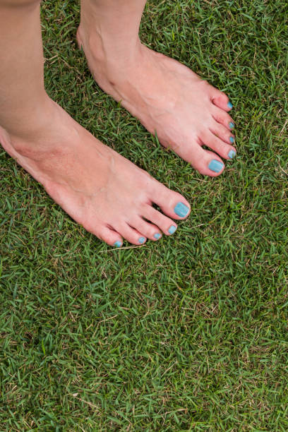 istock Woman's foot stand on fresh green grass 1045873640
