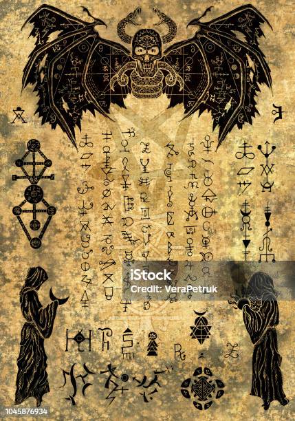 Magic Witch Book Page With Evil Symbols And Drawings On Old Paper Texture Stock Illustration - Download Image Now