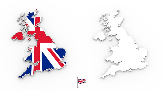 High detailed white silhouette of United Kingdom map and national flag