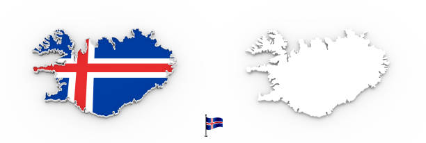 High detailed white silhouette of Iceland map and national flag