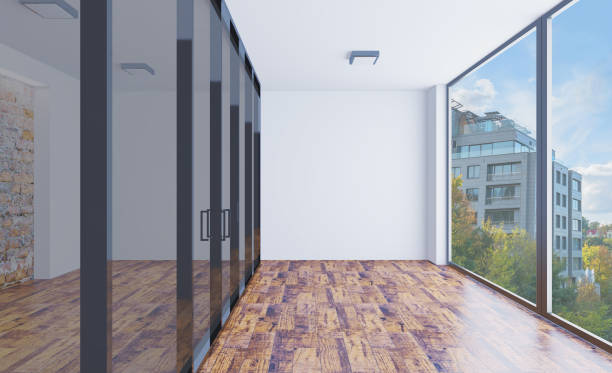 istock 3D rendering. Business center. A modern empty office with large glass partitions on the background of a panoramic window. Meeting room 1045886840