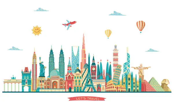 Vector illustration of World famous monuments. Travel and tourism background.London, Paris, Moscow, Rome, New York, Asia, Dubai, India, China, Thailand famous monuments. Vector illustration