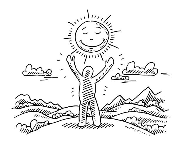 Human Figure Raised Hands Sun Landscape Drawing Hand-drawn vector drawing of a Human Figure with Raised Hands, a smiling Sun and a beautiful Landscape, Freedom Concept. Black-and-White sketch on a transparent background (.eps-file). Included files are EPS (v10) and Hi-Res JPG. spirituality smiling black and white line art stock illustrations