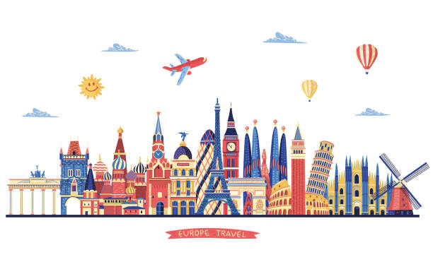 ilustraciones, imágenes clip art, dibujos animados e iconos de stock de viajes de europa. monumentos famosos de europa. fondo viajes y turismo - southeast england illustrations