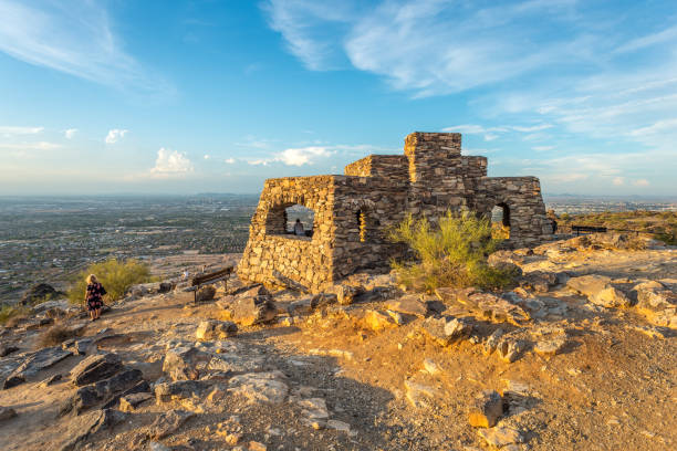 Dobbin's Lookout Dobbin's Lookout in Phoenix, Arizona. Built atop South Mountain by the Civilian Conservation Corps during the Great Depression, it is a popular destination for sightseers looking for a breathtaking view of the Valley of the Sun, especially at sunrise and sunset. lookout tower stock pictures, royalty-free photos & images