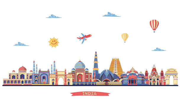 India colored skyline. Travel and tourism background. Vector illustration India colored skyline. Travel and tourism background. Vector illustration temple building stock illustrations