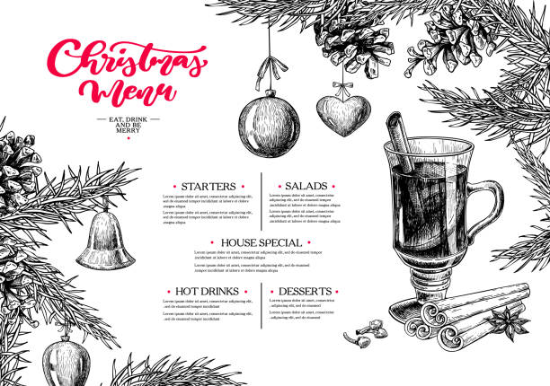 Christmas menu. Winter restaurant and cafe sketch template. Vector hand drawn Christmas menu. Winter restaurant and cafe sketch template. Vector hand drawn illustration with pine cone, mulled wine, fir tree, ball toys, spices. Engraved traditional xmas food and drink. mulled wine stock illustrations