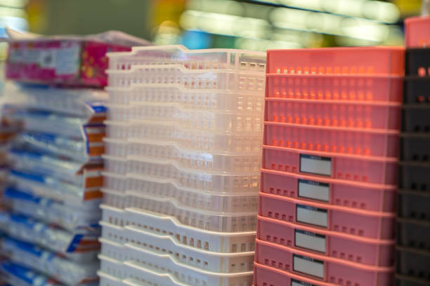 istock Colored plastic baskets for sale in supermarket 1045900132