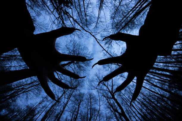 istock ghostly silhouette in spooky dark forest. halloween concept 1045903062