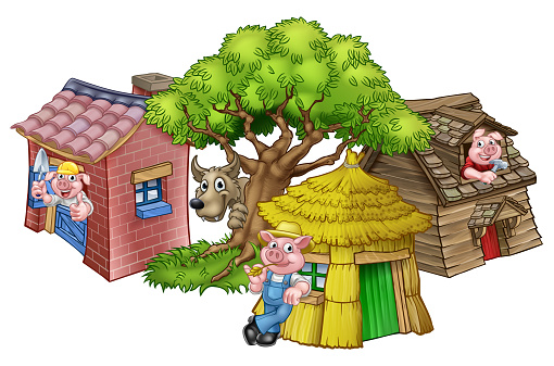 An illustration from the three little pigs childrens fairytale story, of the 3 pig cartoon characters with their straw, wooden and brick houses and the big bad wolf peeking from behind a tree.