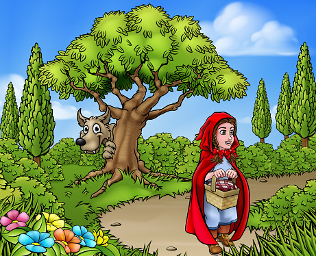 Little red riding hood cartoon character holding her basket walking through the woods to gradmas house as the big bad wolf peeks from around a tree from the fairy tale childrens story.