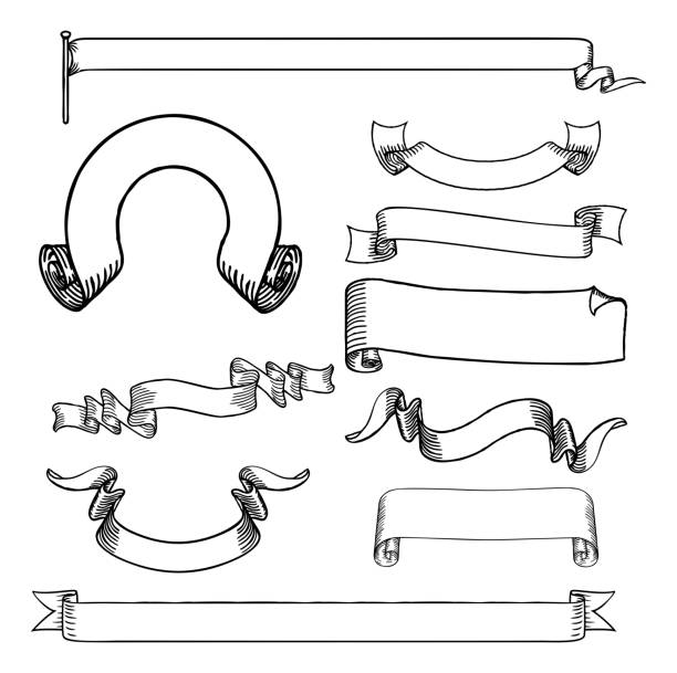 Ribbons Scrolls and Banners Set A set of paper scrolls, banners, ribbons and flag designs  in an engraved or etched hand drawn woodcut style. banners tattoos stock illustrations