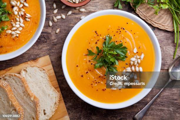 Homemade Pumpkin Soup Stock Photo - Download Image Now - Soup, Winter, Food
